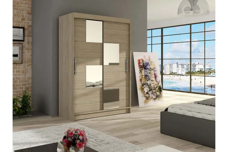 Estella Garderob Skjutdörrar Fyrkantig Spegel - Ek - Products - Förvaring - Garderober & garderobssystem