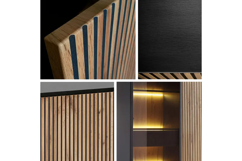 Klinkerville Vitrinskåp Glasdörr med Belysning 39 cm djup 10 cm - Svart Trä / Brun / Ribbad - Products - Förvaring - Skåp - Vitrinskåp