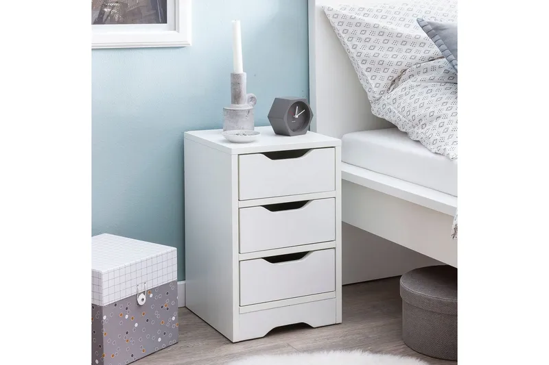 Sängbord Wohnling med 3 lådor i en enkel, modern design för boxspring-säng Vit - Vit - Products - Möbler - Bord & matgrupp - Avlastningsbord & sidobord - Sängbord & nattduksbord