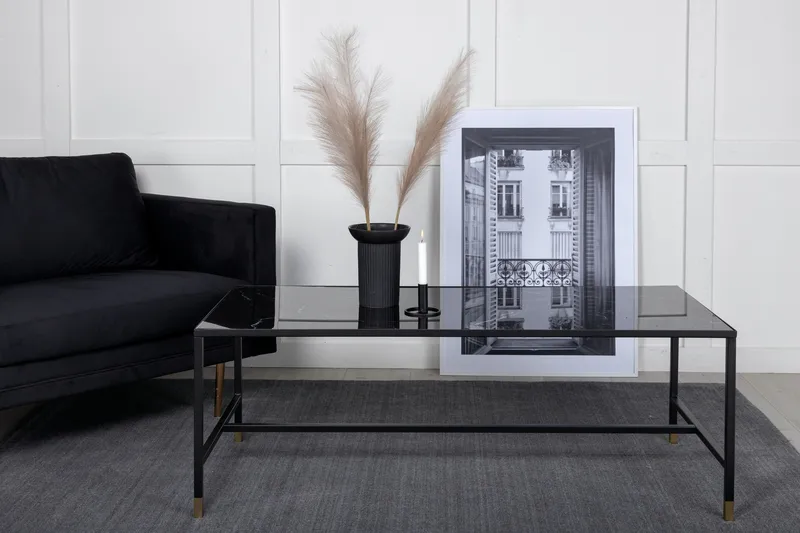 Dipp Soffbord 130 cm Marmormönster, Glas/Svart/Mässing