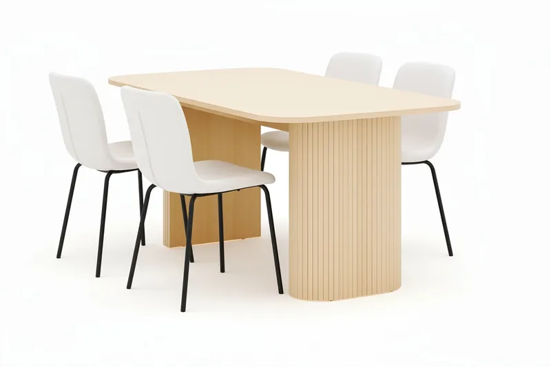 Kopparbo Matbord 160 cm med 4 Katy Matstolar, White / Vit Bouclé / Metallben Svart