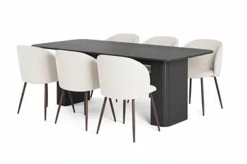 Kopparbo Matbord 200-260 cm Förlängningsbart med 6 Greya Matstolar med armstöd - Svart / Vit Bouclé / Metallben Valnöt - Products - Möbler - Bord & matgrupp - Matgrupp