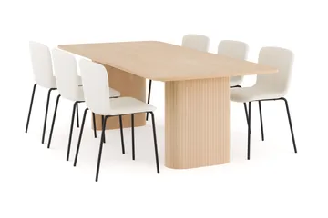 Kopparbo Matbord 200-260 cm Förlängningsbart med illäggsskiv med 6 Katy Matstolar - Vit / Vit Bouclé / Metallben Svart - Products - Möbler - Bord & matgrupp - Matgrupp