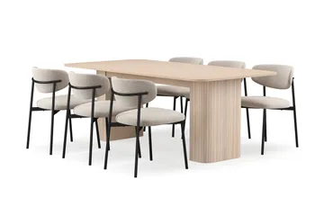 Kopparbo Matbord 200-260 cm Förlängningsbart med illäggsskiv med 6 Lucy Matstolar, Vit / Greige Bouclé / Metallben Svart