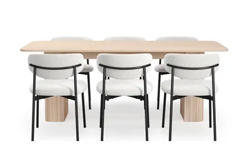 Kopparbo Matbord 200-260 cm Förlängningsbart med illäggsskiv med 6 Lucy Matstolar - Vit / Vit Bouclé / Metallben Svart - Products - Möbler - Bord & matgrupp - Matgrupp
