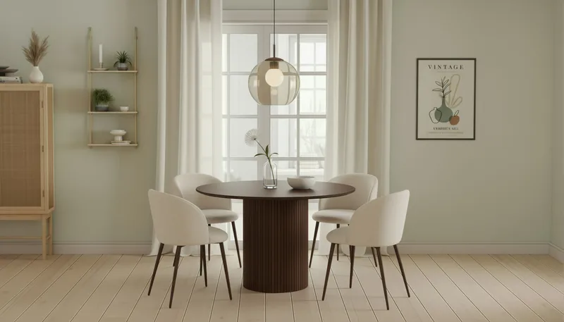 Kopparbo Runt Matbord 120 cm med 4 Greya Matstolar med armstöd - Mörkbrun / Vit Bouclé / Metallben Valnöt - Products - Möbler - Bord & matgrupp - Matgrupp