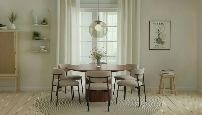 Kopparbo Runt Matbord 150 cm med 6 Lucy Matstolar - Valnöt / Greige Bouclé / Metallben Svart - Products - Möbler - Bord & matgrupp - Matgrupp