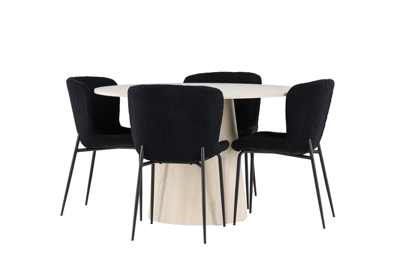 Lanzo Matgrupp 120 cm Rund med 4 Modesto stolar, Whitewash/Svart