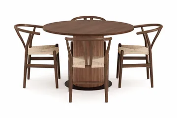 Noira Matgrupp 120 cm Massiv Valnöt Rund med 4 Dastoori Matstol - 2220070-4,2098428-1 - Brun / Beige / Valnöt - Products - Möbler - Bord & matgrupp - Matgrupp