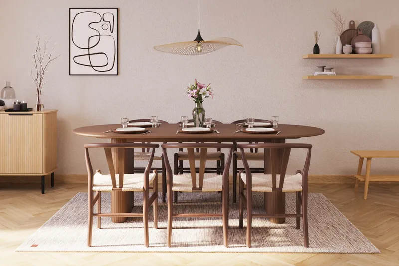 Noira Matgrupp 220 cm Massiv Valnöt med 6 Dastoori Matstolar - Ribbad / Natur / Mörkbrun / Brunt Trä - Products - Möbler - Bord & matgrupp - Matgrupp