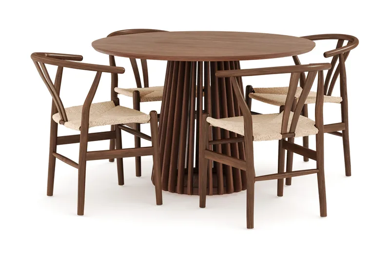 Peyra Matgrupp 120 cm Rund med 4 Dastoori Matstolar, Valnöt / Brun / Beige