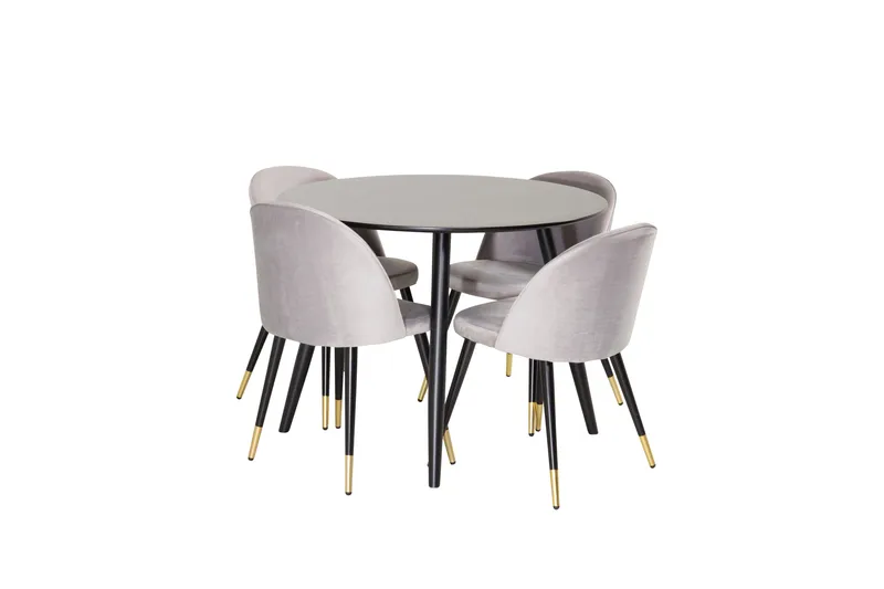 Plaza Matgrupp 100 cm Rund med 4 Velvet stolar, Svart/Guld