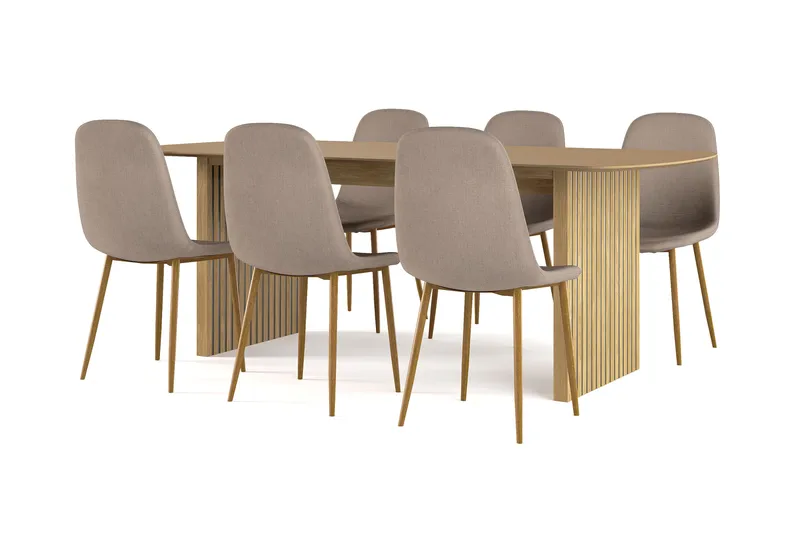 Richeto Matbord 210 cm ek +  6 st Nibe stol brun med ek ben, Natur/Brun