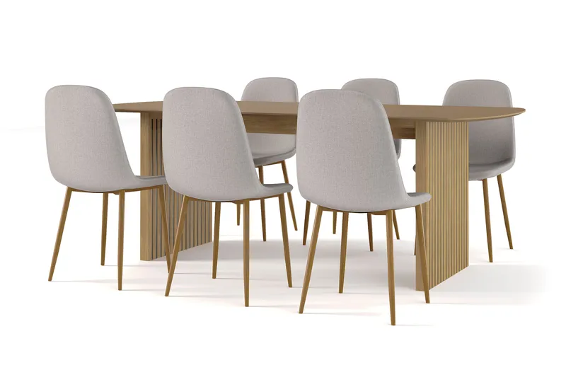 Richeto Matbord 210 cm ek +  6 st Nibe stol grå med ek ben, Natur/Grå