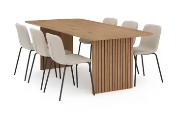Richeto Matbord 210 cm med 6 Katy Matstolar - Naturlig finish / Greige Bouclé / Metallben Svart - Products - Möbler - Bord & matgrupp - Matgrupp