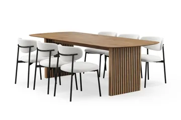 Richeto Matbord 240 cm med 6 Lucy Matstolar, Naturlig finish / Vit Bouclé / Metallben Svart