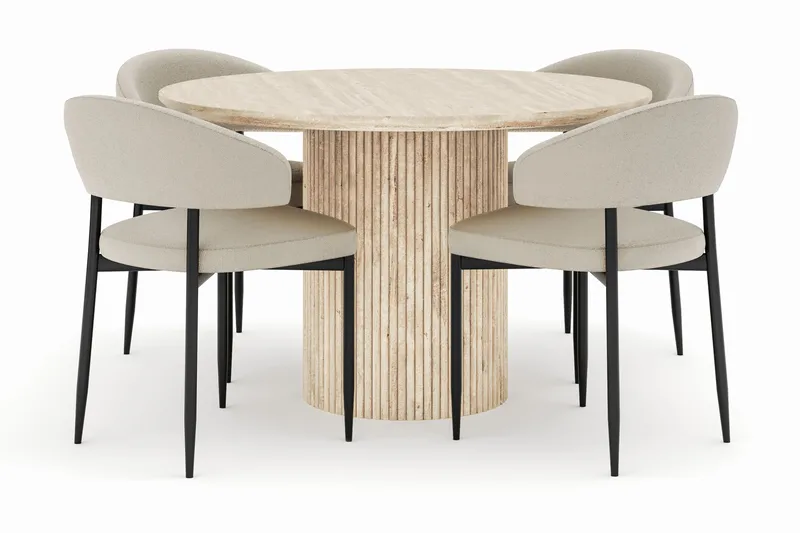 Uppveda Matbord Runt 120 cm med 4 Sawako Stolar, Beige