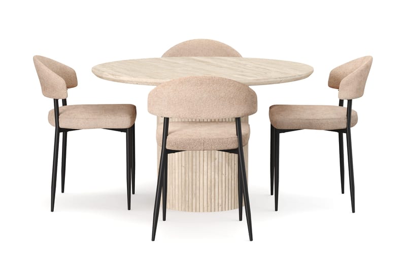 Uppveda Runt Matbord 120cm Travetin utseende med 4 st Jairam Matstolar - Beige - Products - Möbler - Bord & matgrupp - Matgrupp