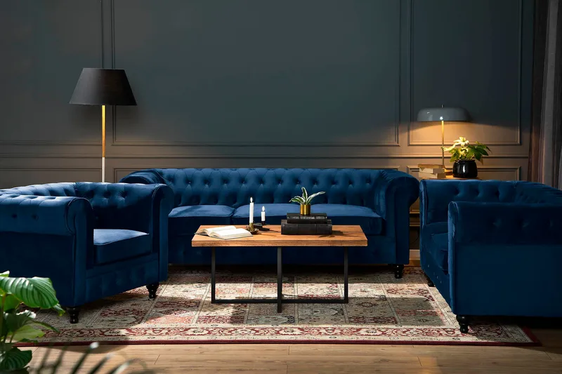 Chesterfield Lyx 2-sits Liten sammetssoffa - Djup soffa 160 cm bred - Blå Sammet - Products - Möbler - Soffa - Sammetssoffa