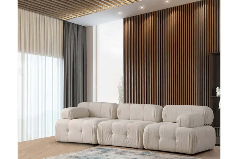 Belgin Bubblig Soffa 3-sits med utfällbara armstöd och ryggstöd, Ljusbeige / Beige