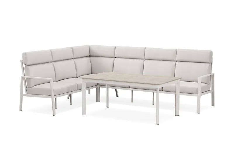 Ariany Lyx l-formad 6-sits hörnsoffa utomhus med hög rygg med beiga dynor och bord i aluminium, Beige