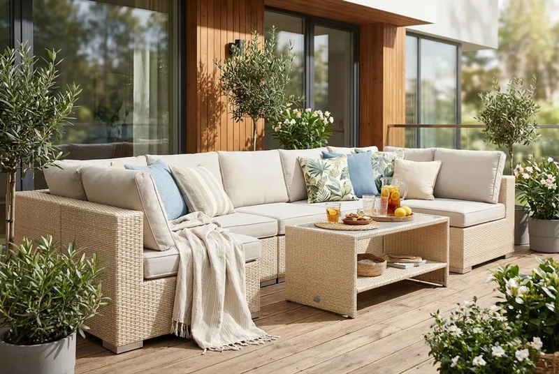 Bahamas U-formad utomhus loungegrupp med öppet avslut, 7-sits med bord och hylla - Beige - Products - Utemöbler & utemiljö - Loungemöbler - Loungeset & loungegrupp