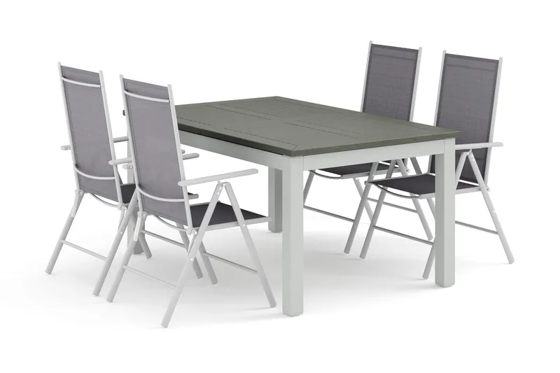 Monaco utomhus matgrupp förlängningsbart 150-250x90 med 4 Maggie positionsstolar, Vit/Grå