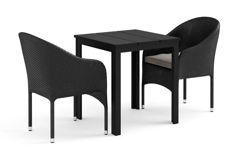 Tunis utomhus caféset 70x70 cm med 2 Thor fåtöljer, Svart/Svart