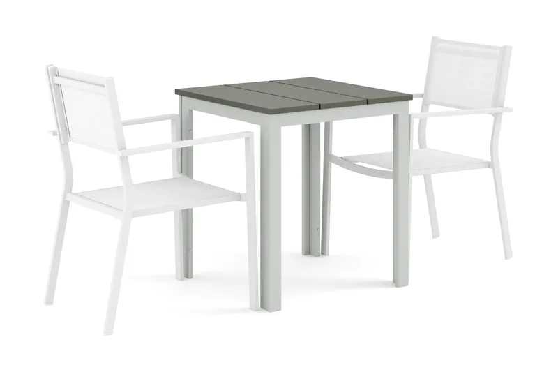 Tunis utomhus caféset 70x70 cm med 2 Tunis stapelstolar, Vit/Grå