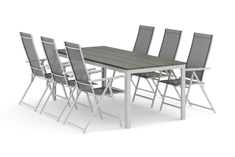 Tunis utomhus matgrupp 205x90 cm med 6 Sanna positionsstolar, Vit/Grå
