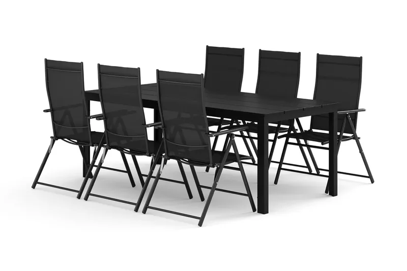 Tunis utomhus matgrupp 205x90 cm med 6 positionsstolar, Svart/Svart