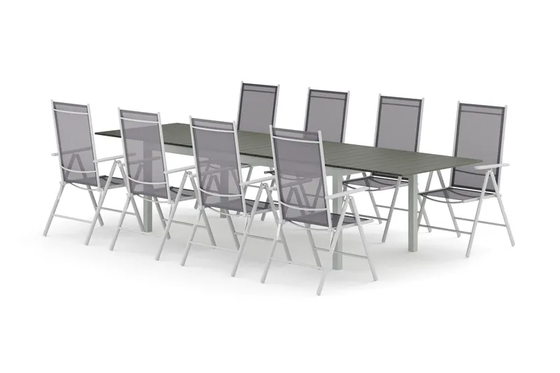 Tunis utomhus matgrupp förlängningsbart 205/305x90 cm med 8 Maggie positionsstolar, Vit/Grå