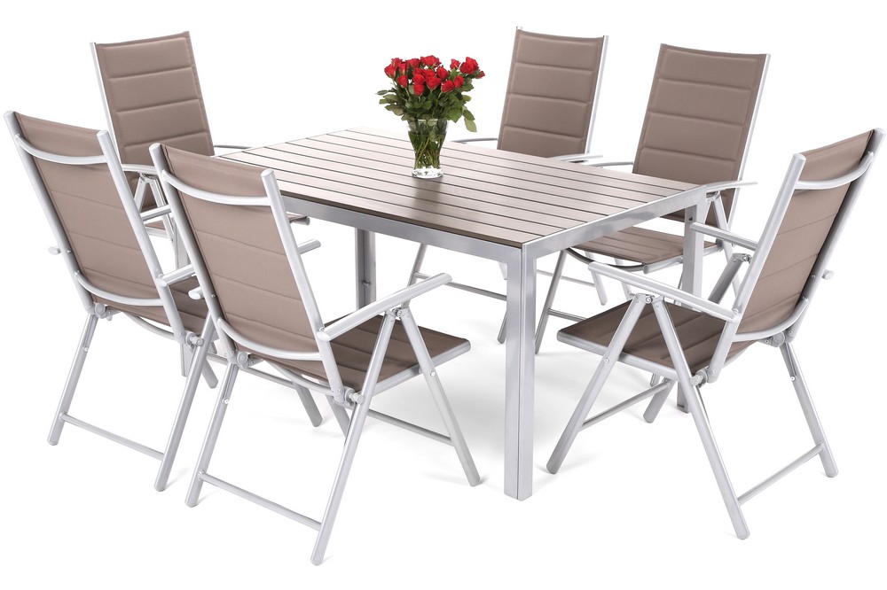 Matgrupp Ibiza 150 cm - silver/taupe, inkl. 6 positionsstolar Matgrupp Ibiza 150 cm - silver/taupe, inkl. 6 positionsstolar