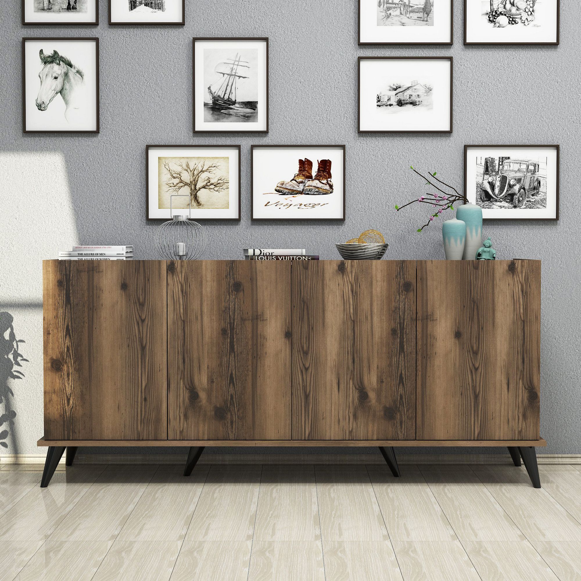 Elegant dressoir - Walnoot/zwart marmer