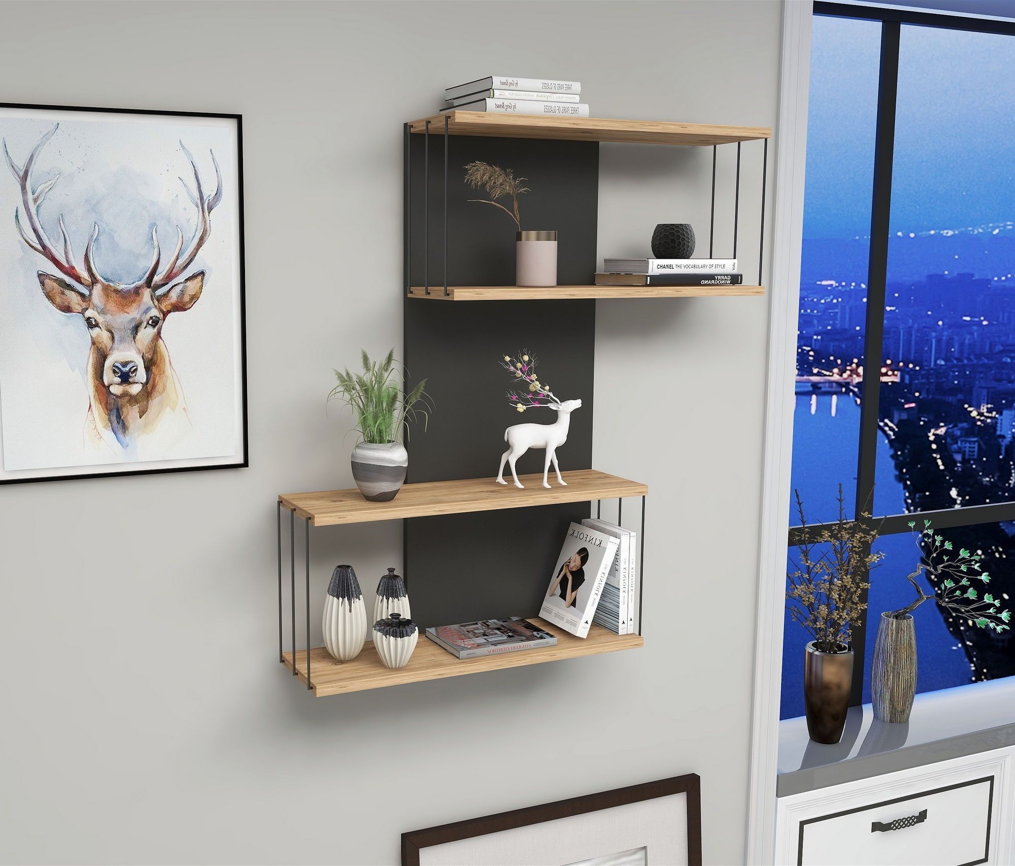 Destan wandplank - Antraciet/grenen