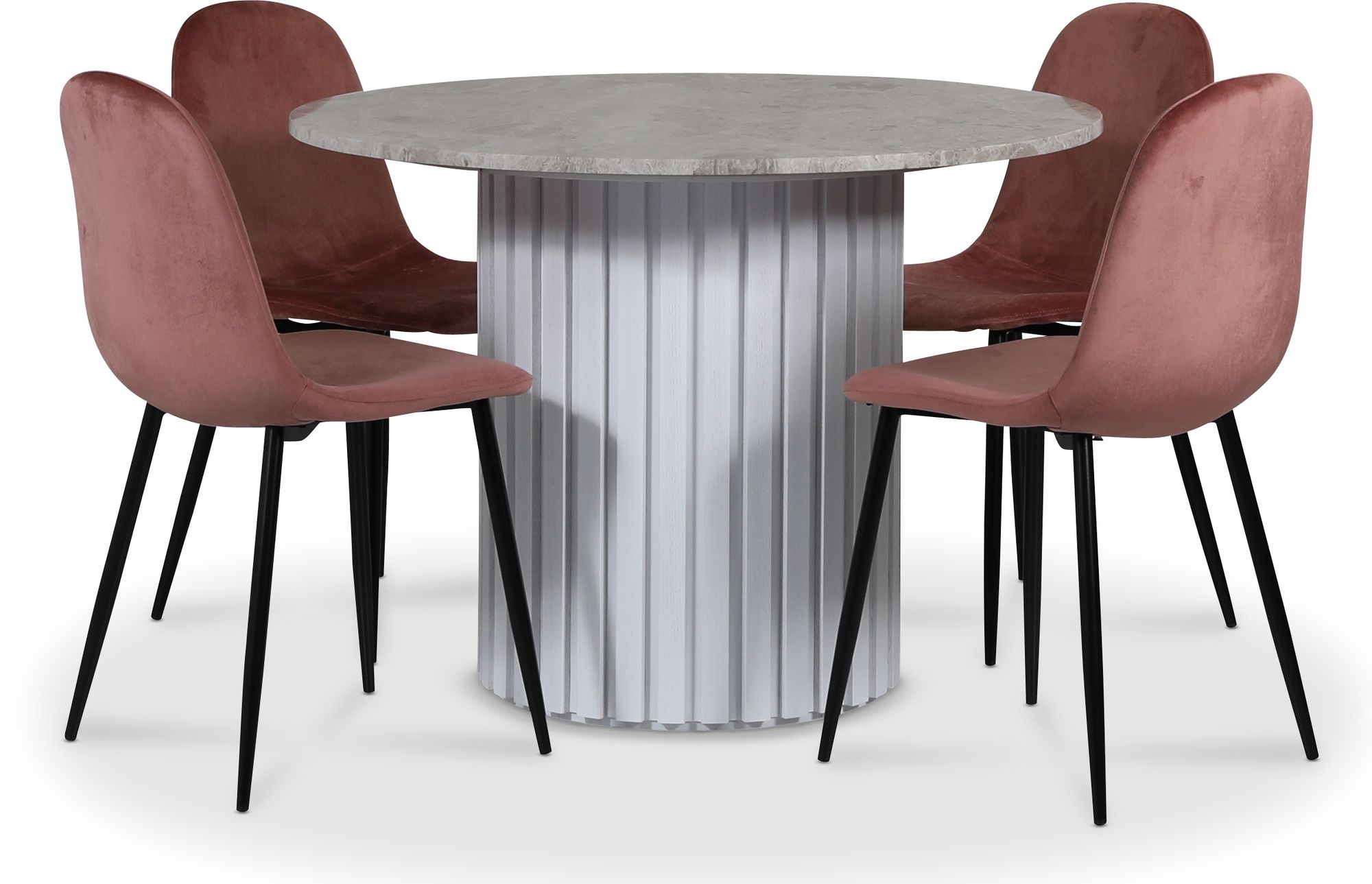 Empire matgrupp �105 cm inkl. 4 st Carisma rosa stolar - Silver Diana marmor / Vit lamell tr�fot