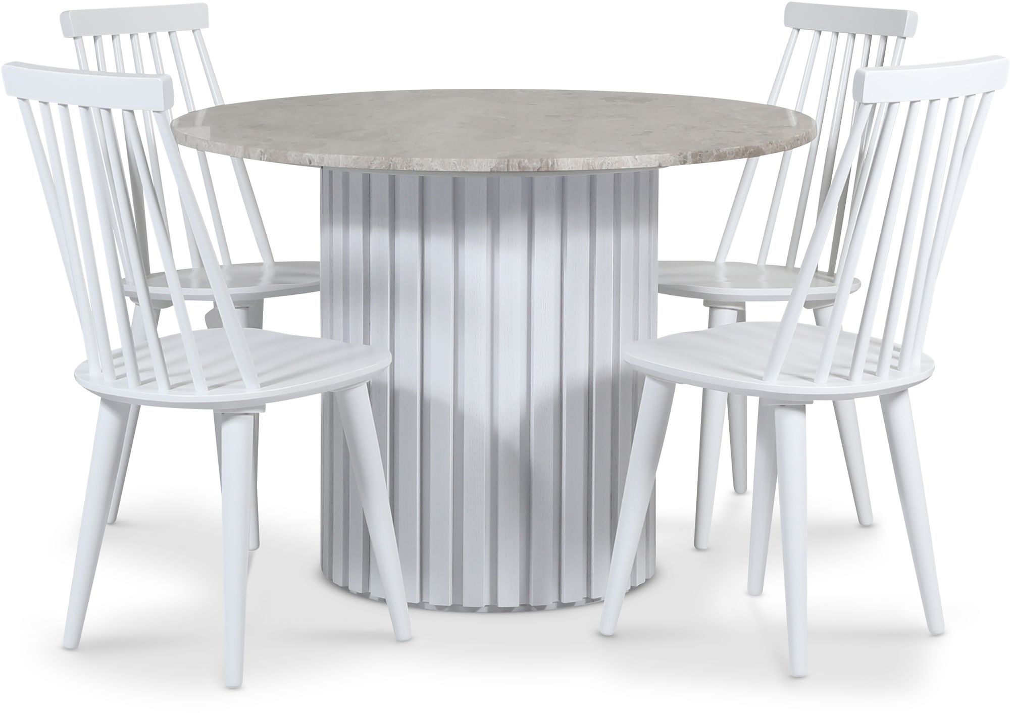 Empire matgrupp Ø105 cm inkl. 4 st Dalsland vita pinnstolar - Silver Diana marmor / Vit lamell träfot Empire matgrupp Ø105 cm inkl. 4 st Dalsland vita pinnstolar - Silver Diana marmor / Vit lamell träfot