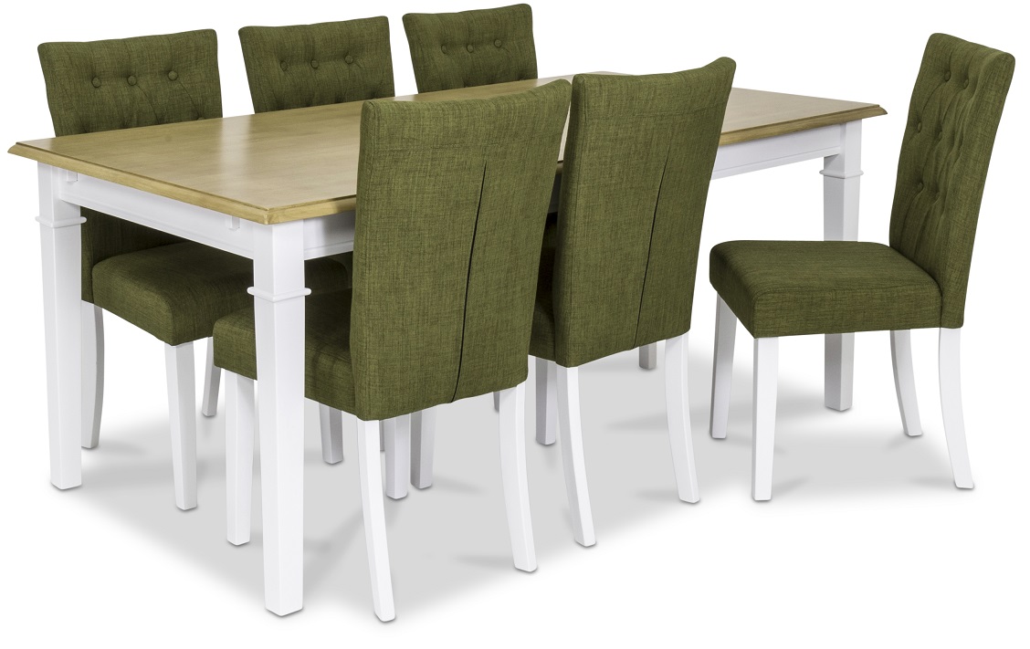 Ramn�s matgrupp - Bord inklusive 6 st Crocket stolar i gr�n kl�dsel - Vit/ekbets