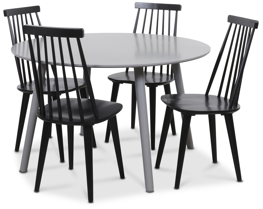 Rosvik eettafel grijze ronde tafel met 4 zwarte Dalsland Pinnstolar - Grijs/Zwart + 4.00 x Stoel kussen