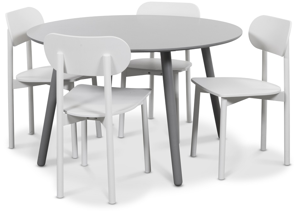 Rosvik matgrupp grått runt bord med 4 st vita Alvaro matstolar Rosvik matgrupp grått runt bord med 4 st vita Alvaro matstolar