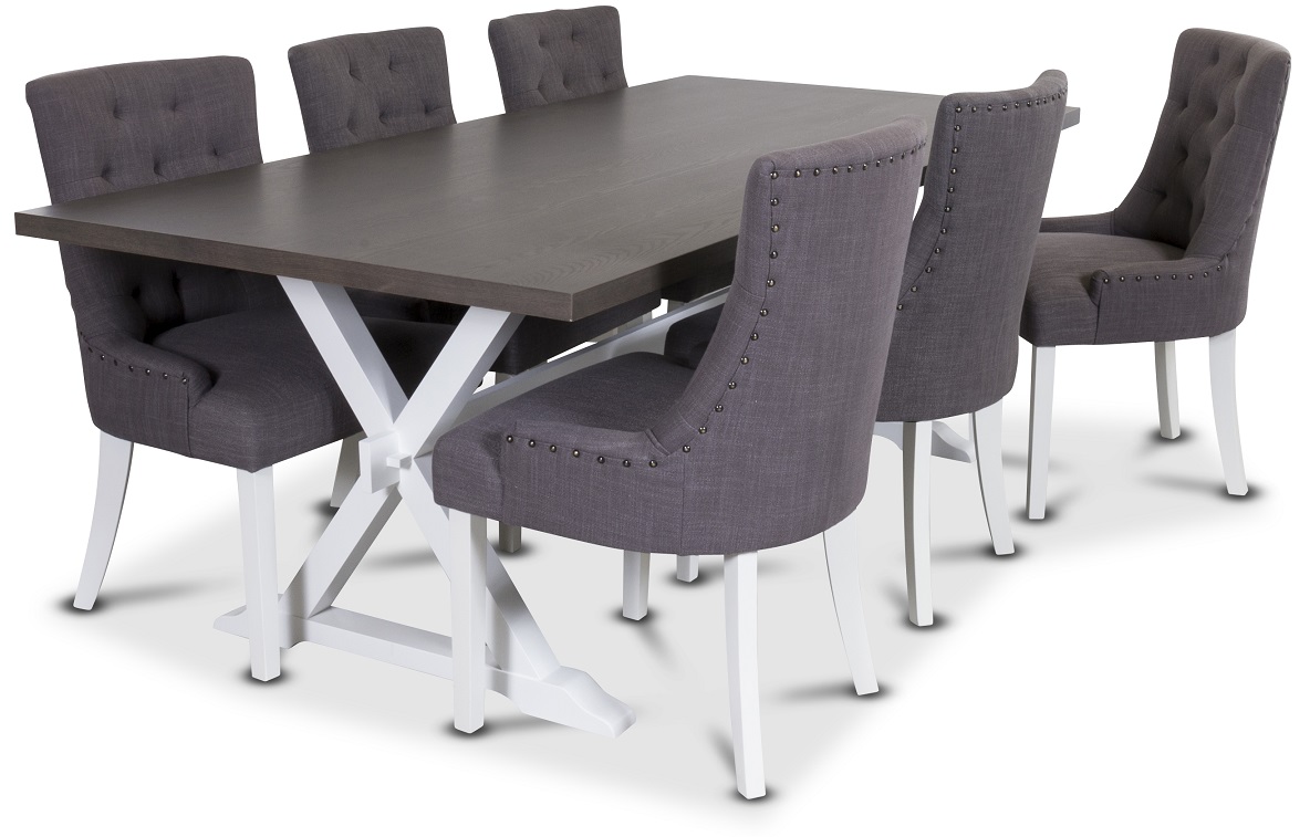 Malta matgrupp inklusive 6 st Tuva stolar i grått tyg Malta matgrupp inklusive 6 st Tuva stolar i grått tyg