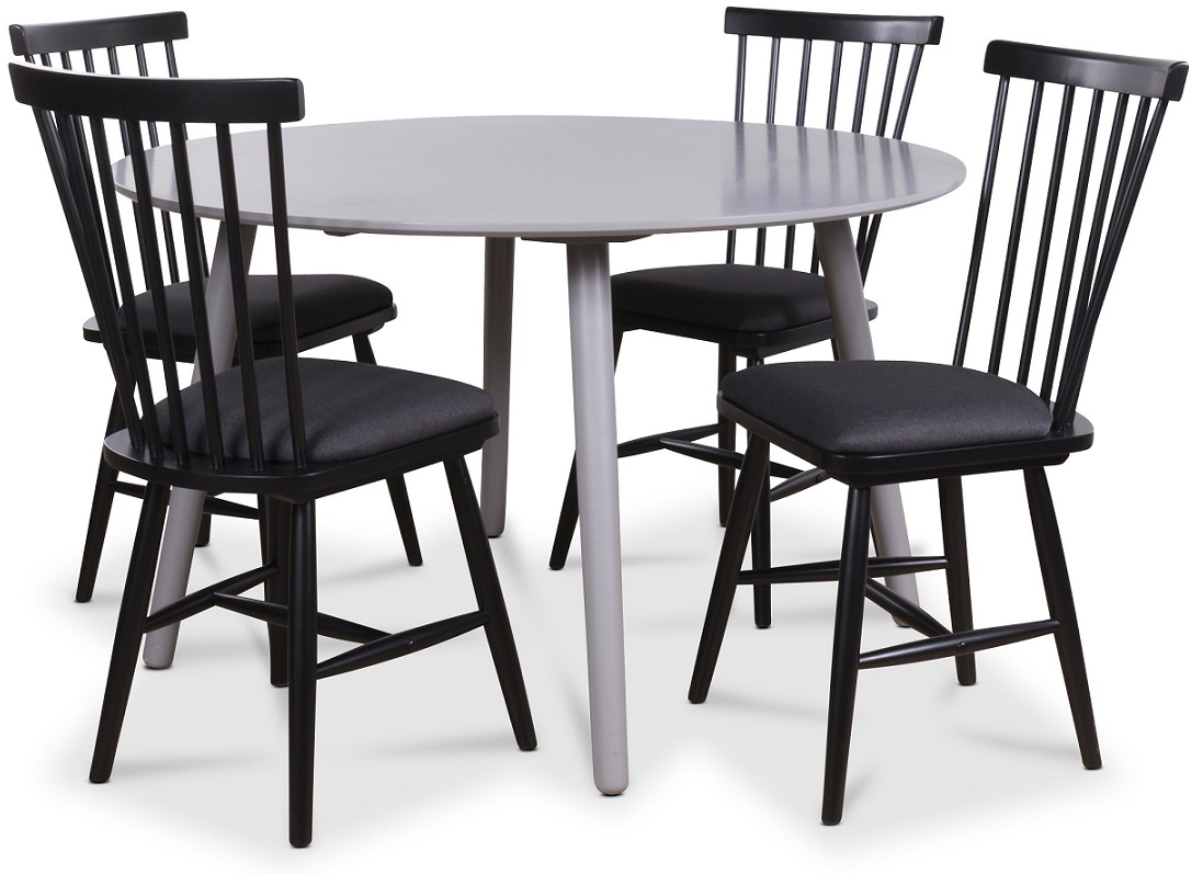 Rosvik matgrupp, Runt matbord med 4 st Sm�land pinnstolar - Gr�/Svart