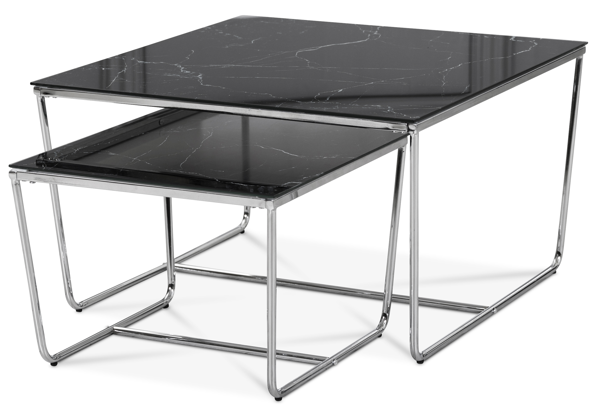 Stella Satsbord 75 x 75 cm - Svart marmorerat glas / Kromat underrede