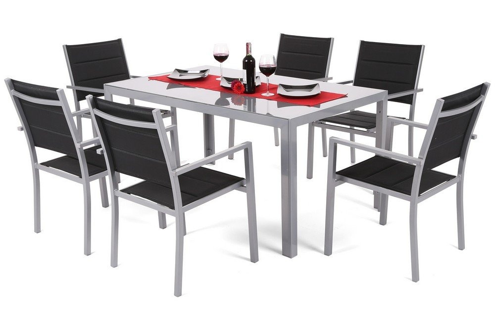 Matgrupp Corfu 150 cm - silver/svart, inkl. 6 stolar Matgrupp Corfu 150 cm - silver/svart, inkl. 6 stolar