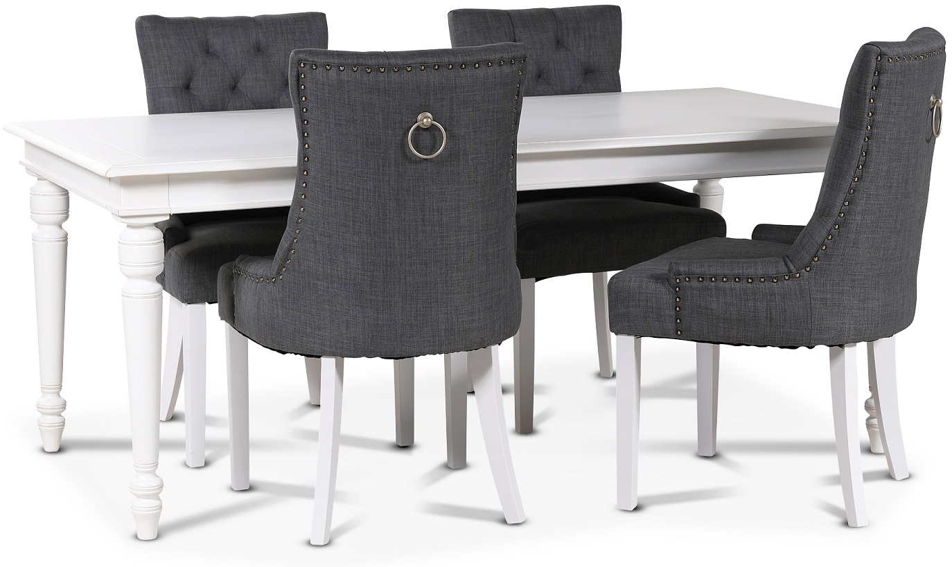 Matgrupp; Bord 180x90 cm med 4 st grå stolar Matgrupp; Bord 180x90 cm med 4 st grå stolar