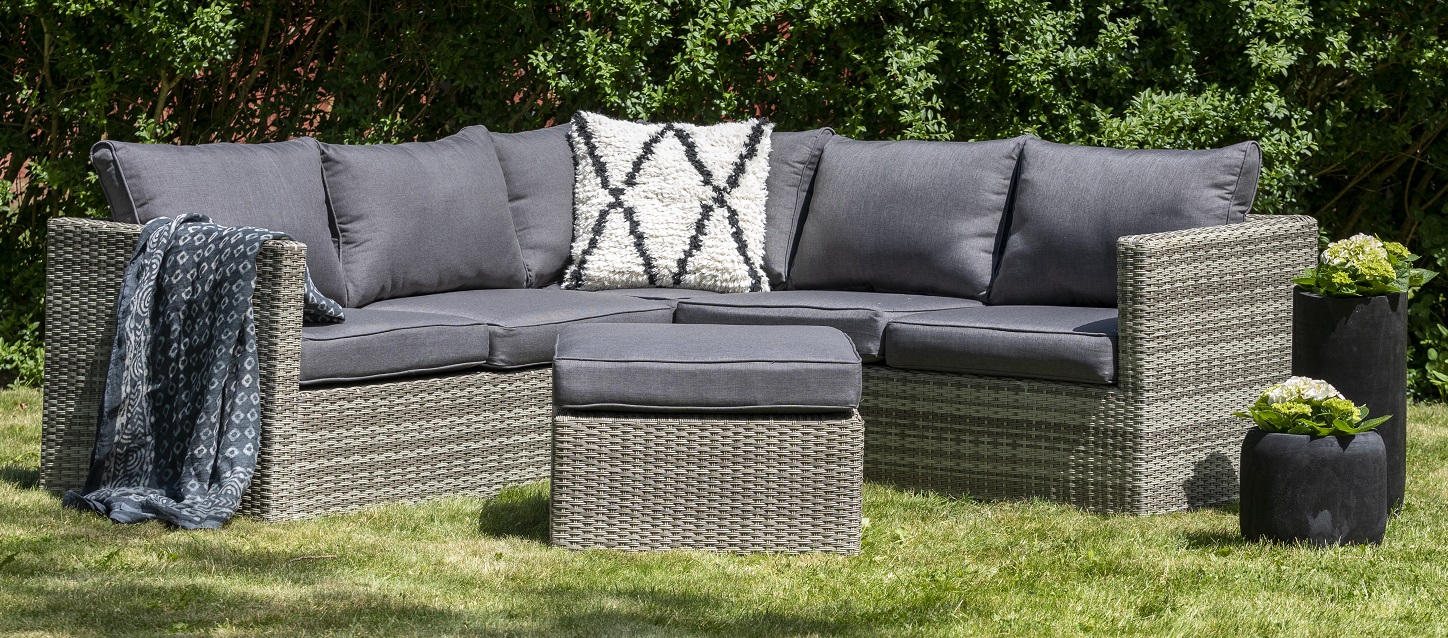 Boviken utegrupp: h�rnsoffa med fotpall - Gr� konstrotting