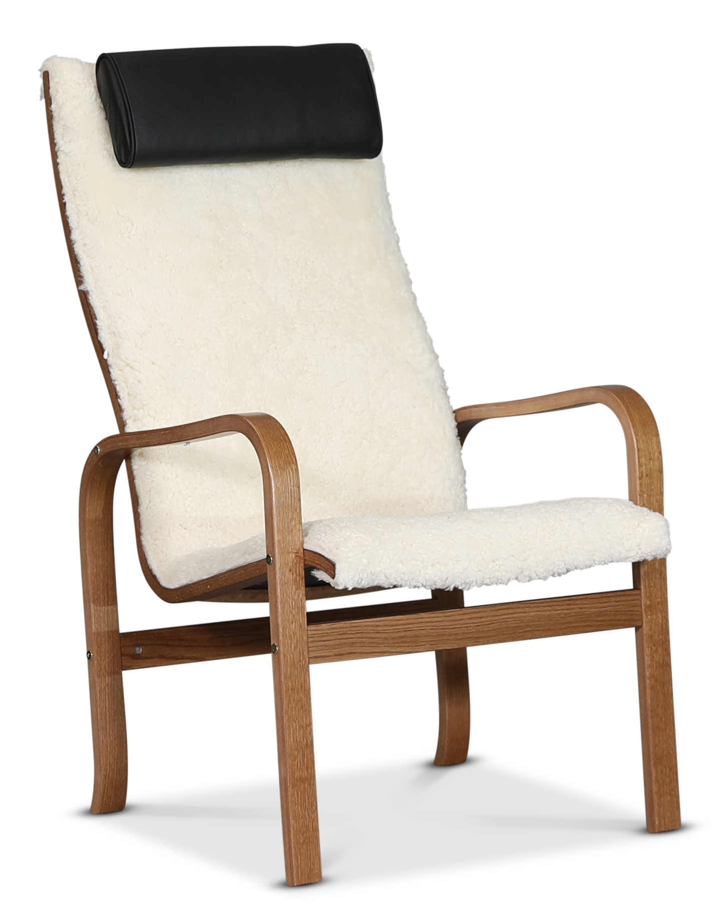 Fushion fauteuil in Scandinavisch maanlicht met schapenvacht - Bruin gebeitst eiken + Fushion fauteuil in Scandinavisch maanlicht met schapenvacht - Bruin gebeitst eiken +
