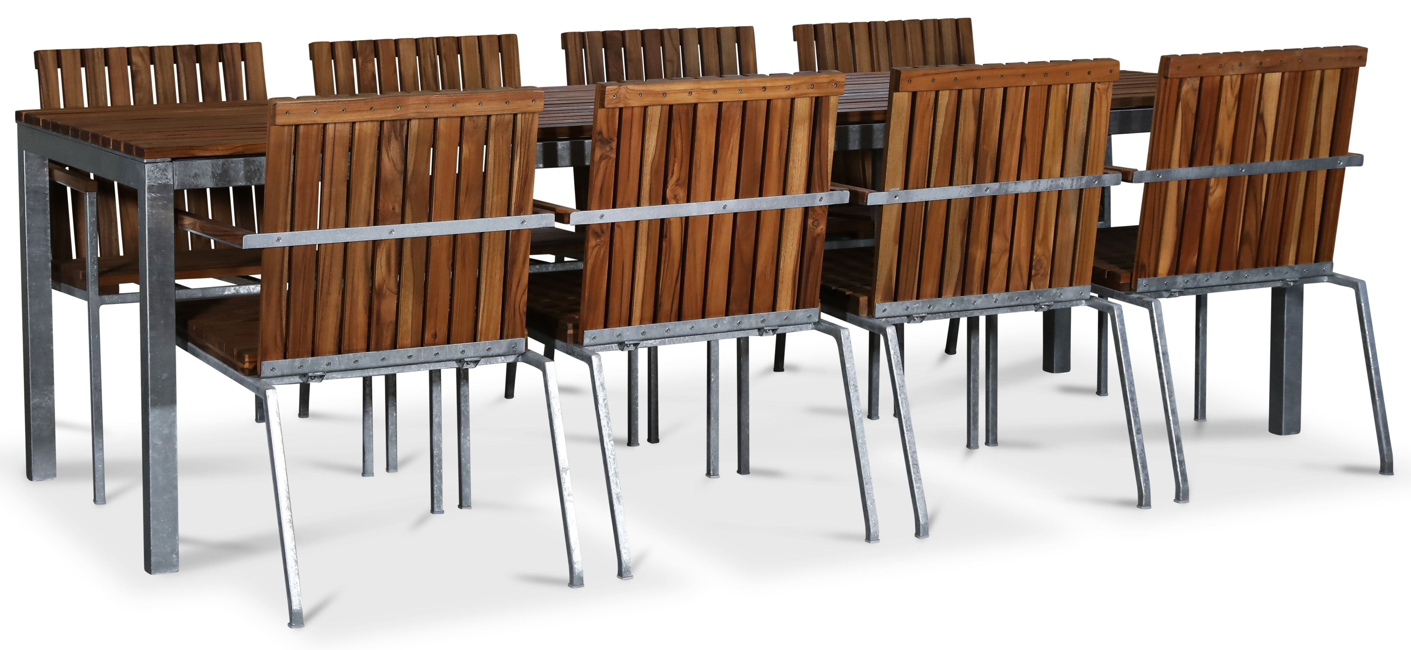 Alva utematgrupp med 8 stolar + bord 250x90 cm - Teak / Galvaniserat stål Alva utematgrupp med 8 stolar + bord 250x90 cm - Teak / Galvaniserat stål