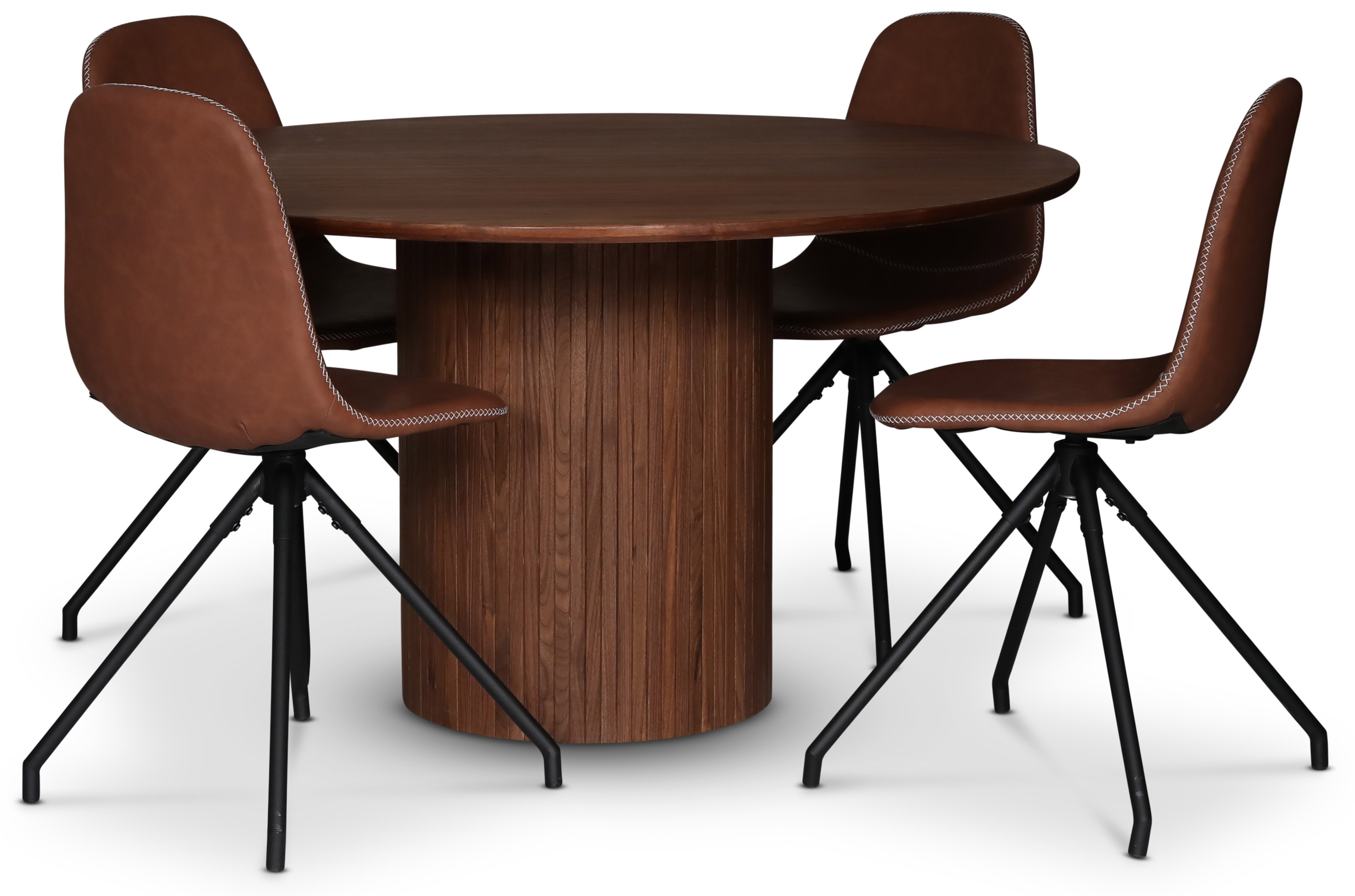 Nova matgrupp; runt matbord Ø130 cm, valnöt + 4 st Bridge matstolar snurrbara, Brun vintage PU Nova matgrupp; runt matbord Ø130 cm, valnöt + 4 st Bridge matstolar snurrbara, Brun vintage PU