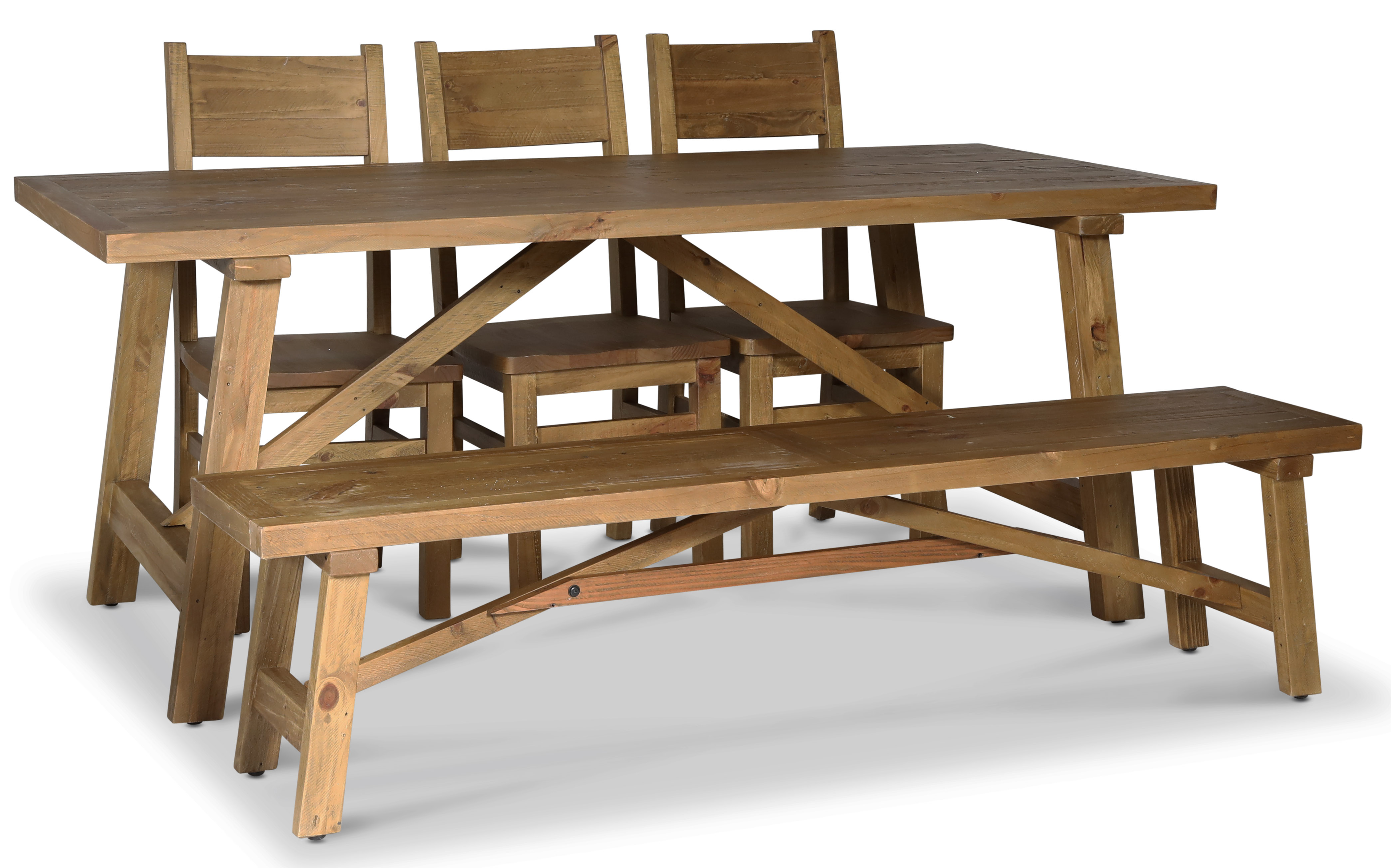 Woodforge matgrupp; matbord med 3 st matstolar och bänk återvunnet trä Woodforge matgrupp; matbord med 3 st matstolar och bänk återvunnet trä